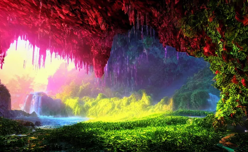 Image similar to a beautiful and stunning professional digital photo of a humongous crystal cave, vines, haze, waterfall, volumetric lighting, hyperrealistic, red, yellow, green, blue, sunset, unreal engine 5, ultra detail