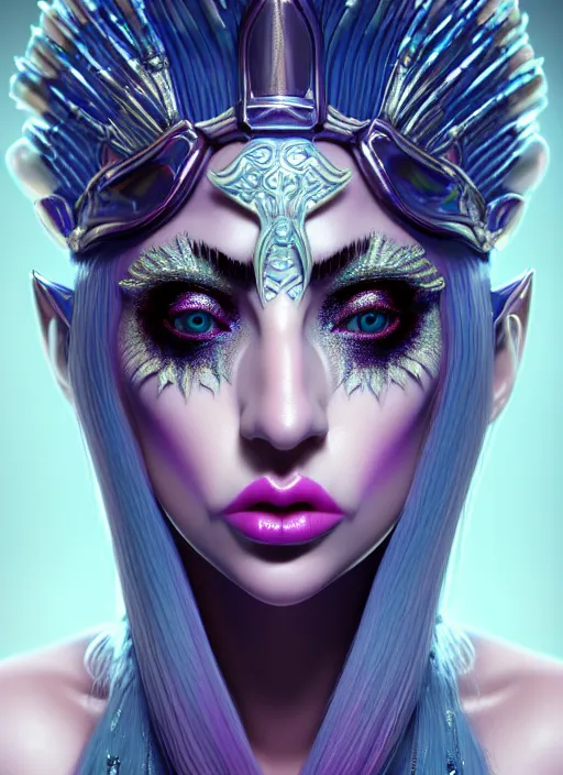 Image similar to portrait of mermaid warrior, intricate, lady gaga, sharp focus, octane render, tokidoki, detailed, beautiful, unreal engine, symmetrical!!, loreal, maybelline, sephora, loreal, artstation, art by artgerm, rossdraws, makeup by pat mcgrath, cinematic, concept art, filmic, vsco