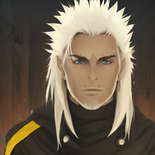 Prompt: a man with spiky white hair and yellow eyes, wearing a black cultist robe, medieval background, highly detailed, digital painting, artstation, matte, by makoto shinkai, animation style, studio ghibli, anime key visual