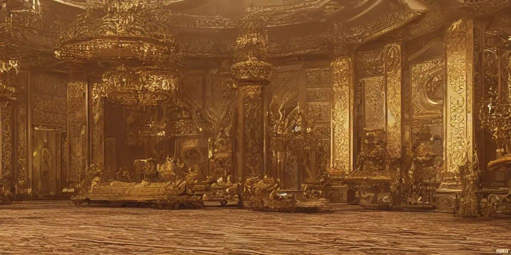 Prompt: a grand oriental throne room by by feng zhu , unreal engine, god rays, ue5, concept art, wide angle, 4k hd wallpaper