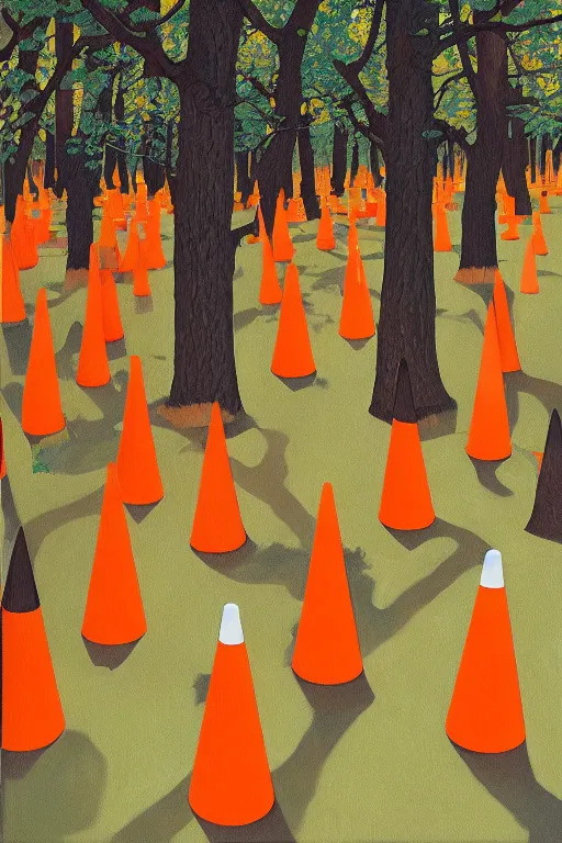 Image similar to painting of orange cones in an oak tree forest, by james jean by ilya kuvshinov kintsugi