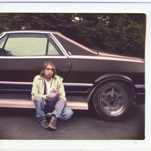 Image similar to vintage polaroid photo of Kurt Cobain next to his Ford Pinto (1987)