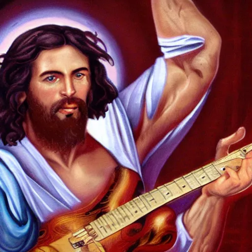 Image similar to a photo Jesus Christ with big muscles playing electric guitar in heaven