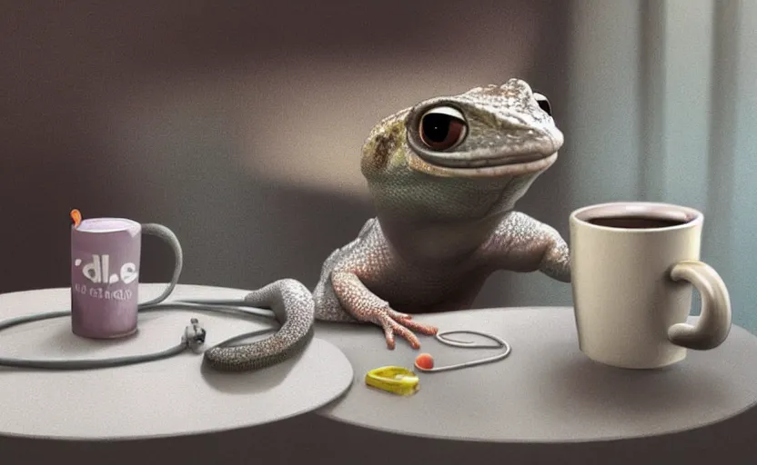 Image similar to a cute gecko with headphones in a cafe sitting in front of a table with a coffee, digital painting, masterpiece, digital art, concept art, octane render, unreal engine 5, trending on deviantart, highly detailed, high quality, 8 k, cartoon, high coherence, realistic, anatomically correct, five fingers, relaxing, realistic and detailed face, beautiful, elegant