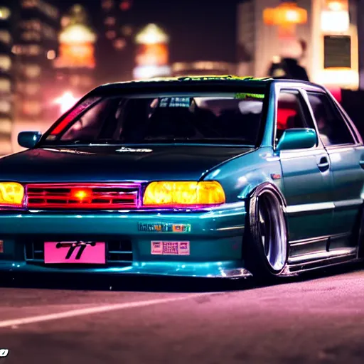 Image similar to a car JZX100 turbo drift at illegal car meet, Shibuya prefecture, midnight mist lights, cinematic color, photorealistic, highly detailed wheels, highly detailed