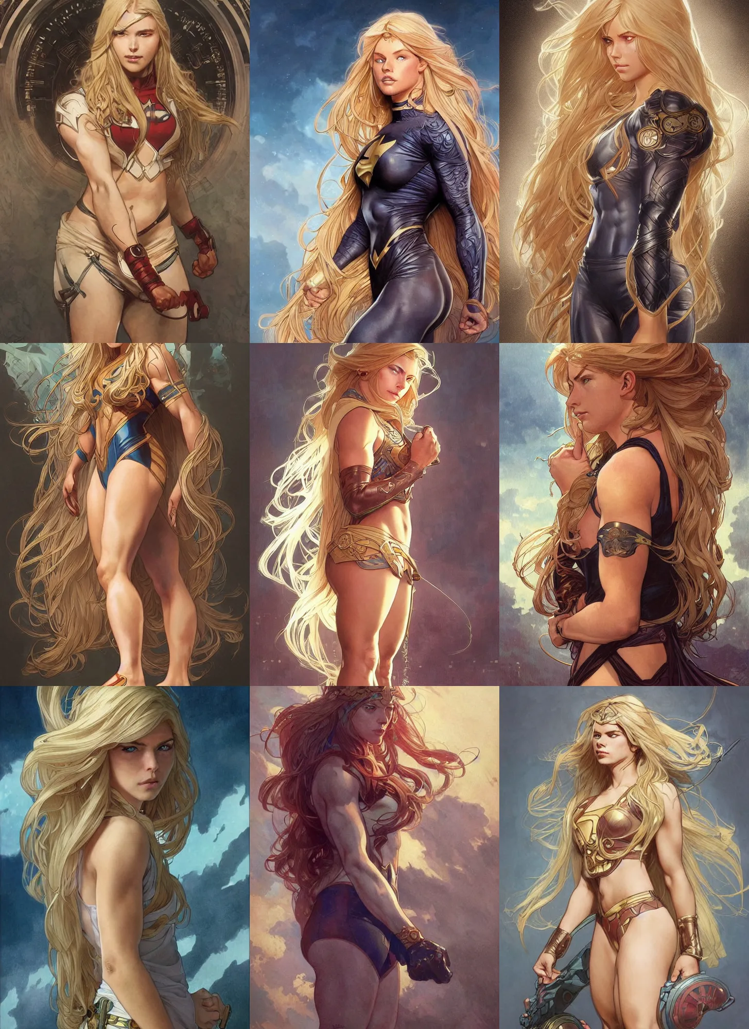 Image similar to a very muscled and young superhero girl with a focused face and extremely long blonde wavy hair, intricate detailed face, artgerm, greg rutkowski, alphonse mucha