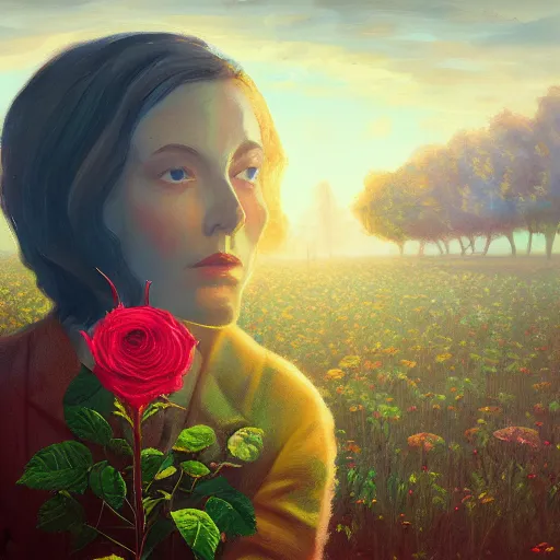 Image similar to giant rose flower head, frontal, girl in a suit, surreal photography, sunrise, dramatic light, impressionist painting, digital painting, artstation, simon stalenhag