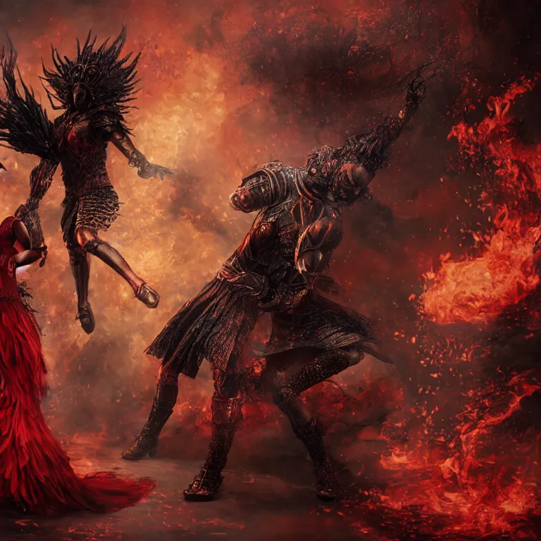 Image similar to black man and a female devil in red dress are dancing together in fire, Dark Souls 3 themed, in style of Ruan Jia, insanely detailed and intricate, golden ratio, elegant, ornate, luxury, elite, matte painting, cinematic, cgsociety, James jean, Brian froud, ross tran, Laputa