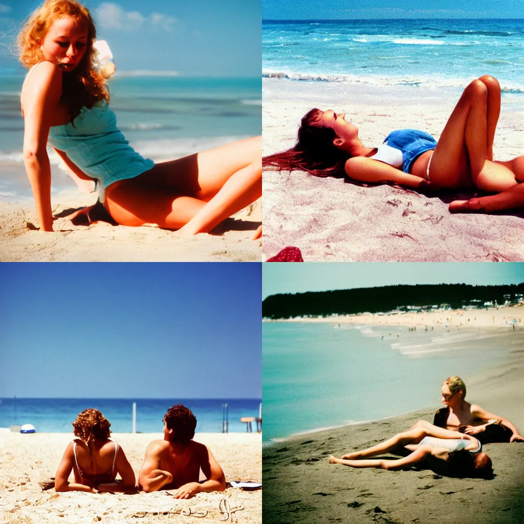 Prompt: Napoleon is sunbathing on the beach with his girlfriend. sea, sun, summer, photo, kodak, 35mm,