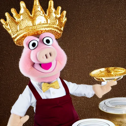 Image similar to pig waiter wearing a gold crown as a Muppet holding a silver platter 8k