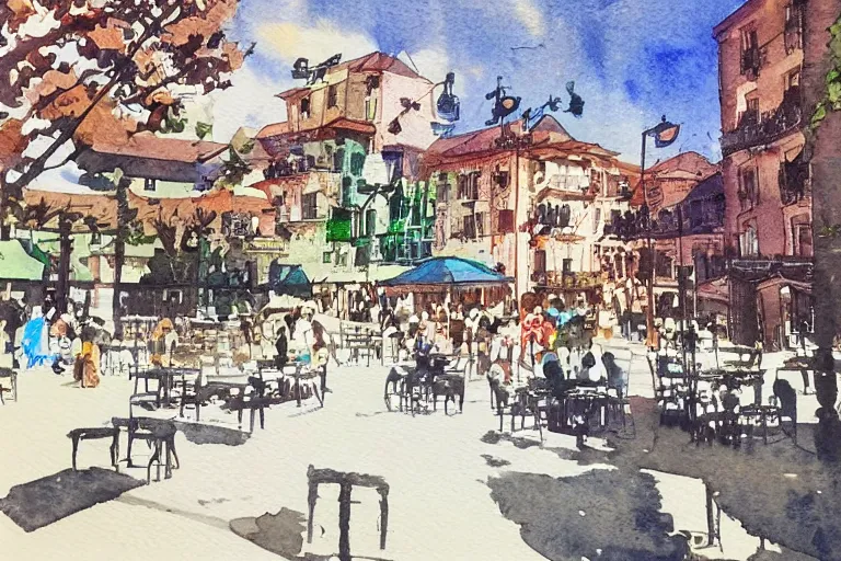 Image similar to !! watercolor!! townsquare in a sunny day, artwork by tooth wu, colorful high contrast,!! very coherent!!, dark shadow, thick lineart