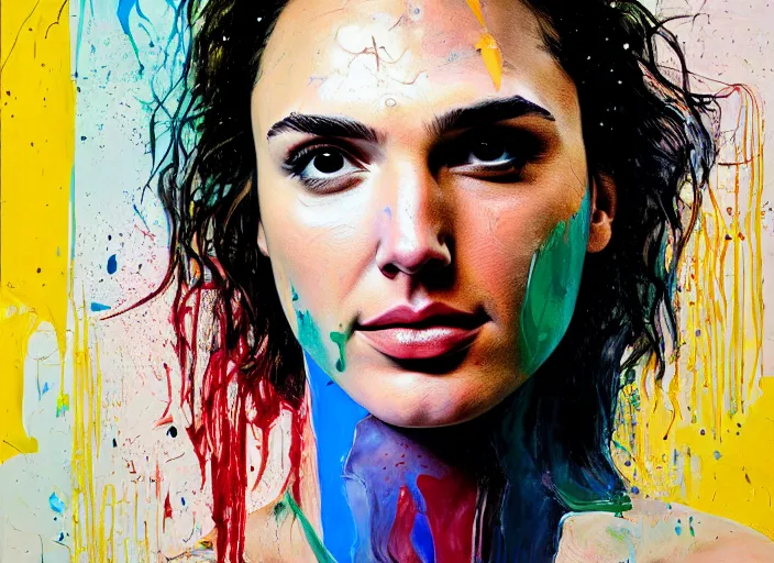 Image similar to portrait of gal gadot in tears, by vincent lefevre and hernan bas and pat steir and hilma af klint, psychological, photorealistic, dripping paint, washy brush, rendered in octane, altermodern, masterpiece