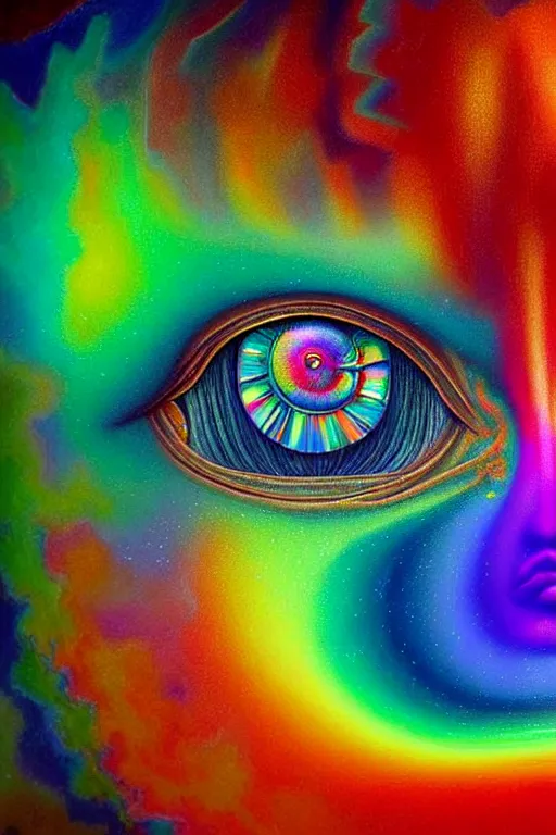 Prompt: hyperrealistic abstract close-up Renaissance psychedelic!! celestial happy! pure creature!! peaceful! kind spirit of nature! beautiful fractal!! eyes! highly detailed concept art eric zener elson peter cinematic hard rainbow lighting high angle hd 8k sharp shallow depth of field, inspired by Zdzisław Beksiński Salvador Dali