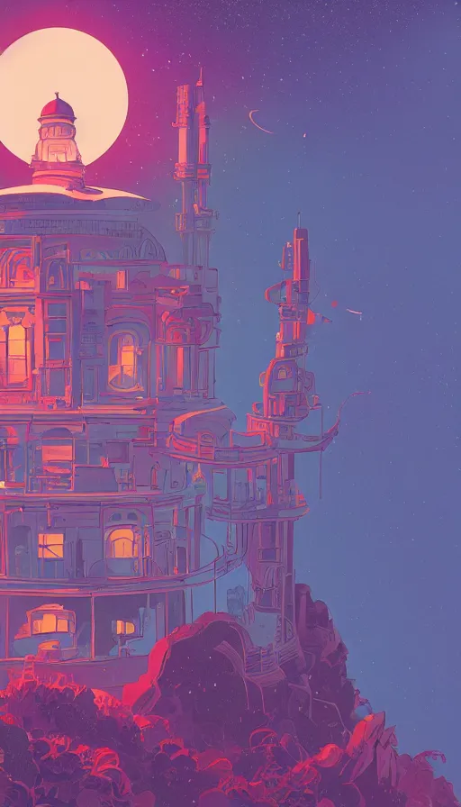 Prompt: magical observatory, sharp focus, james gilleard, moebius, print, risograph, cinematic, game art