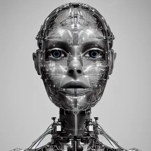 Prompt: beautiful centered fine art photo portrait of beautiful girl with solarpunk robotic humanoid mechanical parts with led lights, pudica pose, photorealistic, white background, highly detailed and intricate, soft box lighting, hdr 8 k