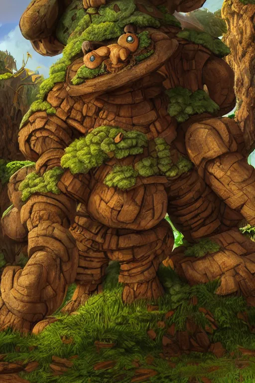 Image similar to zelda fantasy art giant golem troll wood rock greeble gemstone, global illumination ray tracing hdr fanart arstation by sung choi and eric pfeiffer and gabriel garza and casper konefal