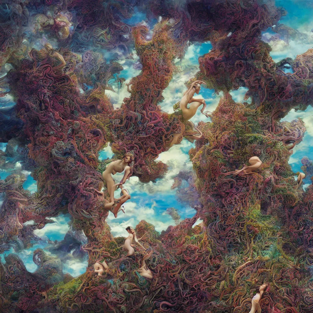 Image similar to ultrawide angle colour masterpiece surreal closeup portrait photography of gods playing on stage by miho hirano and annie leibovitz and michael cheval, weird surreal epic psychedelic complex biomorphic 3 d fractal landscape in background by kilian eng and roger dean and salvador dali and beksinski, 8 k