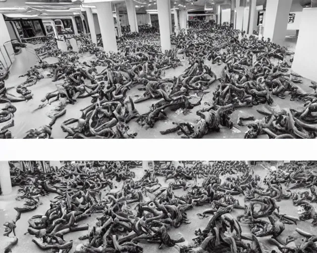 Prompt: camera footage of a Hundreds of Rabid Zerglings in an abandoned shopping mall, high exposure, dark, monochrome, camera, Unreal engine 5, grainy, CCTV, security camera footage, timestamp, zoomed in, fish-eye lens, Evil, Zerg, Brood Spreading, horrifying, lunging at camera :4