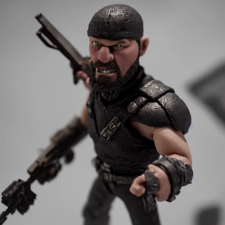 Image similar to a cinematic film still of a claymation stop motion film starring marcus fenix, shallow depth of field, 8 0 mm, f 1. 8