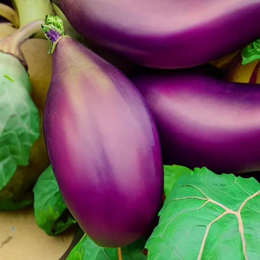 Prompt: a ornate detailed red and purple glowing eggplant, an eggplant fruit still on the vine