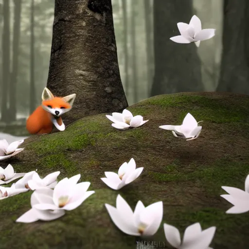 Image similar to small red fox in a forest full of white magnolias, fantasy, octane render, highly detailed