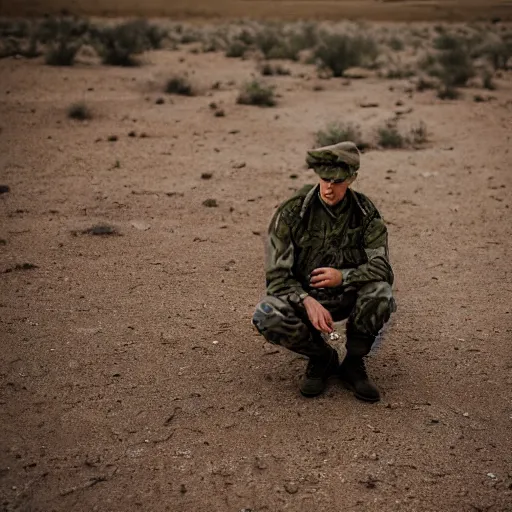 Image similar to portrait of a man wearing camuflage, army clothing, he ‘ s sitting in the desert eating some colorful crayons, beautiful composition, 5 0 mm f 1. 8, ambient light