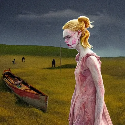 Image similar to Elle Fanning in the painted world of Scooby Doo Zombie Island, head and shoulders masterpiece, apocalypse, golden hour, cosmic horror, artstation, in the style of Andrew Wyeth and Edward Hopper and Bosch, extremely detailed