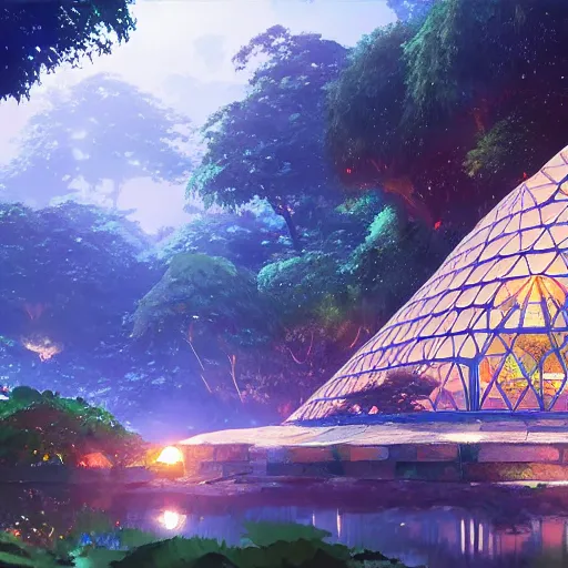 Image similar to geodesic dome with gardens and waterfall, gapmoe kuudere moody lighting stunning bokeh highlights sharp contrast | trending pixiv fanbox | by greg rutkowski makoto shinkai takashi takeuchi studio ghibli