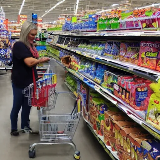 Prompt: goblin casually shopping at walmart, photograph