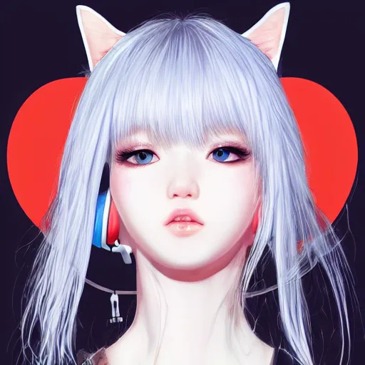 Image similar to realistic teasing detailed semirealism beautiful gorgeous cute Blackpink Lalisa Manoban white hair white cat ears blue eyes, wearing black camisole outfit, headphones, black leather choker full HD 4K high resolution quality WLOP, Aztodio, Taejune Kim, Guweiz, Pixiv, Instagram, Artstation