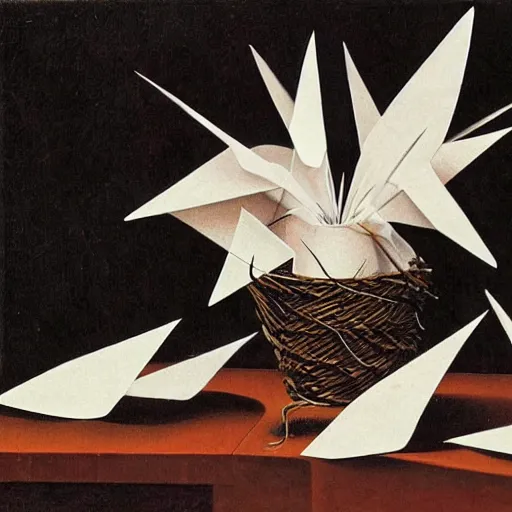 Prompt: a swarm of paper cranes by caravaggio