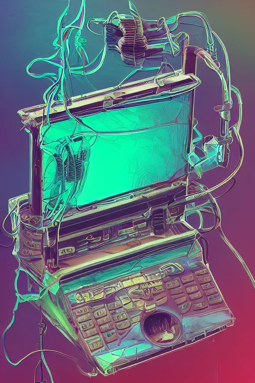 Prompt: epic 3 d abstract 🇵🇷 laptop hacker, spinning hands and feet, 2 0 mm, with plum and teal peanut butter melting smoothly into asymmetrical succulents and phones, liquid cooled, thick wires, delicate, beautiful, intricate, houdini sidefx, trending on artstation, by jeremy mann, ilya kuvshinov, jamie hewlett and ayami kojima