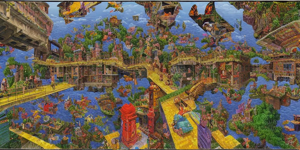 Prompt: the last virtual art museum in a 9 0's video game, made in 1 9 9 0, in the style of mc escher and heironymus bosch, colorful intricate masterpiece, hyper detailed