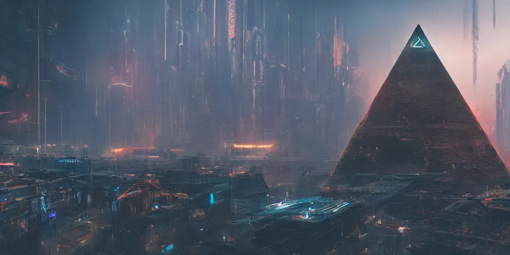 Image similar to cyberpunk egiptian pyramid overview, Greg Rutkowski, 3d scene, trending on Artstation, 8K, ultra wide angle, pincushion lens effect.