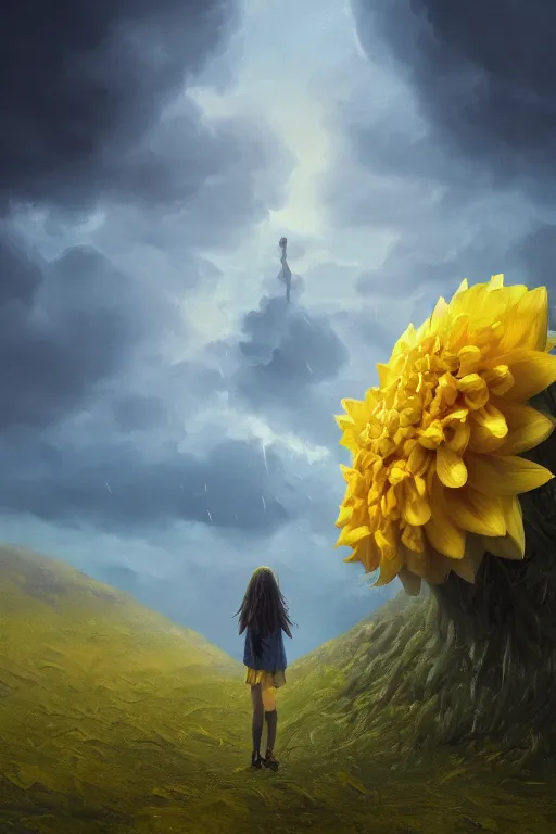 Image similar to closeup girl with huge yellow dahlia flower face, intricate, standing on mountain, surreal photography, blue storm clouds, dramatic light, impressionist painting, digital painting, artstation, simon stalenhag