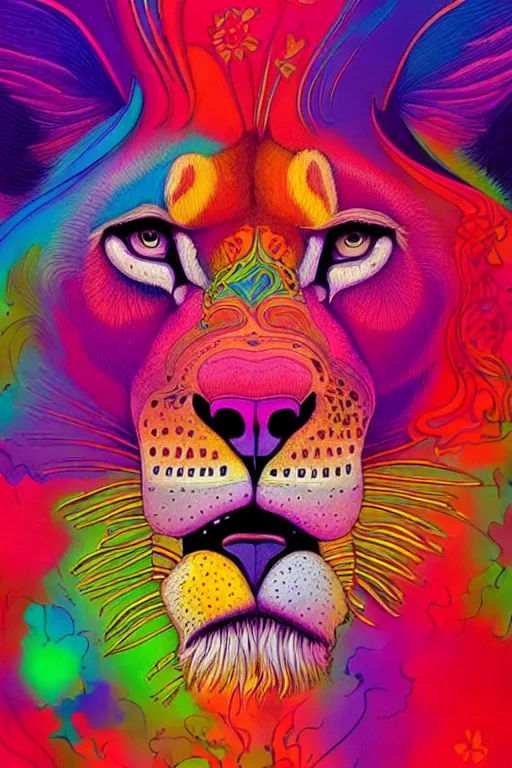 Prompt: An extremely psychedelic abstract illustration of an lioness head on female body , colorful, surreal, dramatic lighting, side profile, magic mushrooms, psilocybin, LSD, detailed, intricate, elegant, highly detailed, digital painting, artstation, concept art, smooth, sharp focus, illustration, art by Krenz Cushart, greg rutkowski and zdzislaw beksinski and alphonse mucha, unreal engine 5 render, 8k