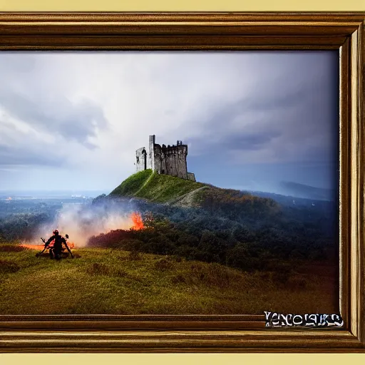 Image similar to a knight going to jump to get on dragons back as fire inflames the ground beneath him, with castle in distance, stormy, raining, 4 k, hd, realistic