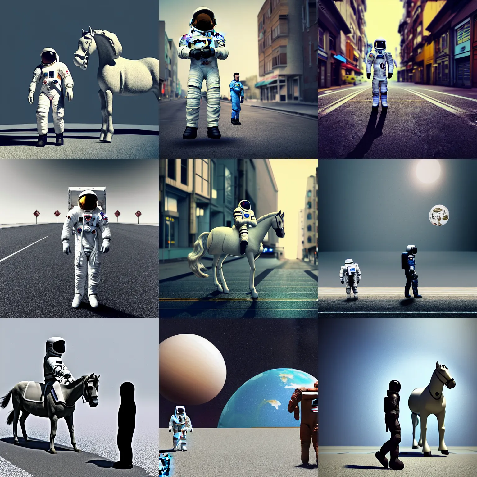 Prompt: an astronaut named jake standing on the street with street atmosphere. the horse named prie stands on the jake. prie physically above jake the astronaut. minimalist style, 3 d render.