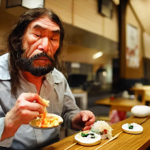 Prompt: neanderthal eating sushi