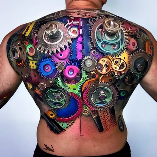 Prompt: shoulder backside buttocks with tattoo of a 3 d hole in the skin with a shiny multicolored metallic robotic mechanics and gears and tubes inside under the skin, insanely integrate,