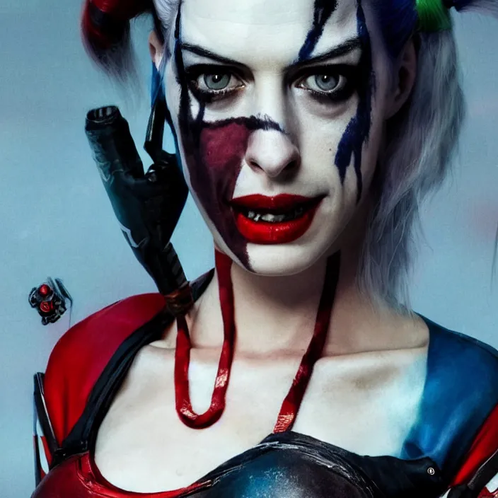 Image similar to portrait of Anne Hathaway as a harley quinn in Suicide Squad. intricate abstract. intricate artwork. by Tooth Wu, wlop, beeple, dan mumford. octane render, trending on artstation, greg rutkowski very coherent symmetrical artwork. cinematic, hyper realism, high detail, octane render, 8k, iridescent accents