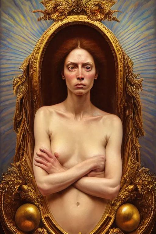 Prompt: hyper realistic painting portrait of zoe jakes, occult diagram, elaborate details, detailed face, intrincate ornaments, gold decoration, occult art, oil painting, art noveau, in the style of roberto ferri, gustav moreau, david kassan, bussiere, saturno butto, boris vallejo