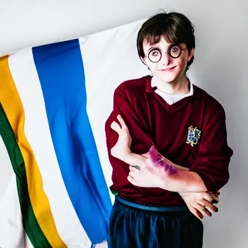 Image similar to harry potter hugging voldemort pride flag in background