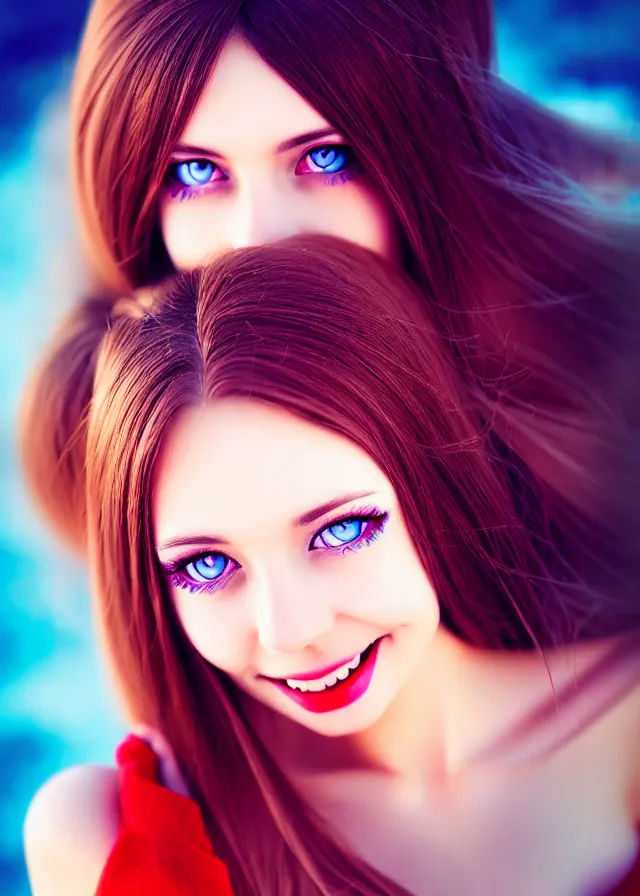 Prompt: epic digital photo portrait of stunning brunette woman, perfect face, blue eyes, smiling, red sapphire dress, hdr, 4 k, wlop, pixiv, gorgeous, much wow, cinematic