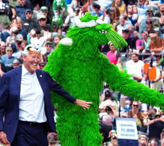 Image similar to joe biden as the jolly green giant mascot character,