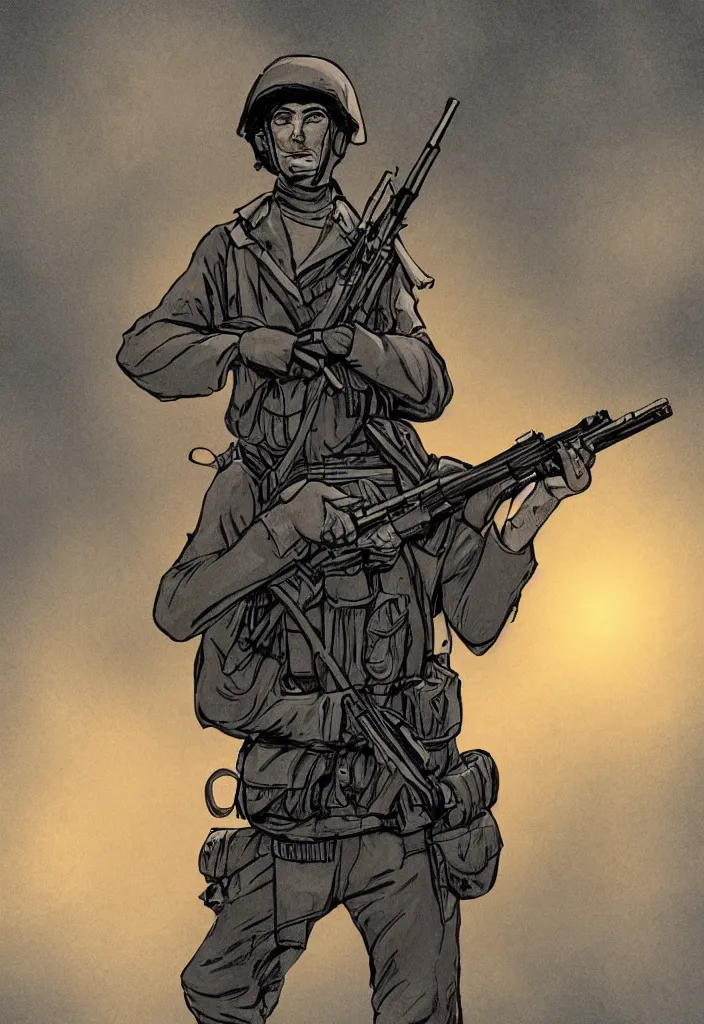 Prompt: 2 0 th century soldier holding a rifle in the style of a comic book. warm moody evening light dramatic light. comic book illustration