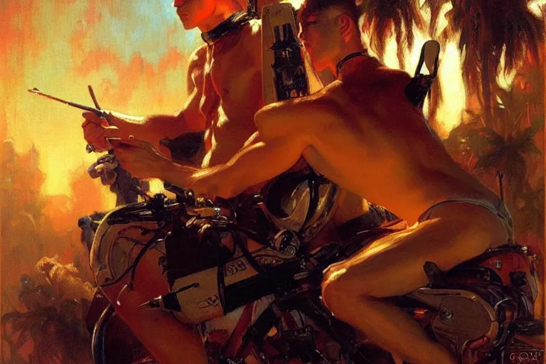 Prompt: synthwave, painting by gaston bussiere, craig mullins, j. c. leyendecker, tom of finland