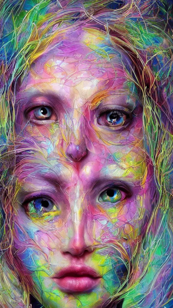 Image similar to hyperrealistic abstract close-up female! portrait Renaissance psychedelic!! celestial happy! pure creature!! perfect!! face! peaceful! kind spirit of nature! beautiful fractal!! eyes! highly detailed concept art eric zener elson peter cinematic hard rainbow lighting high angle hd 8k sharp shallow depth of field endless, inspired by Zdzisław Beksiński Salvador Dali