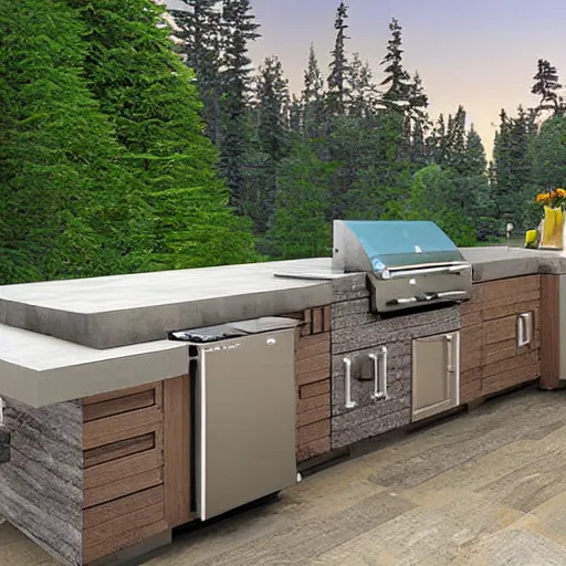 Prompt: an immaculate digital matte painting of a pacific northwest outdoor kitchen