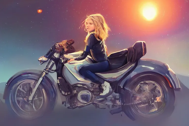 Image similar to chloe grace moretz is riding a motorbike, digital painting, artstation, the space background, concept art, illustration,